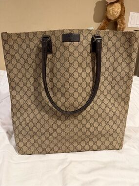 Gucci Beige GG Canvas Tote with Dark Brown Leather Handles